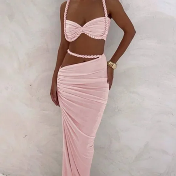 Pink Women's Sexy cropped top & Hip Hugging maxi Skirt Set